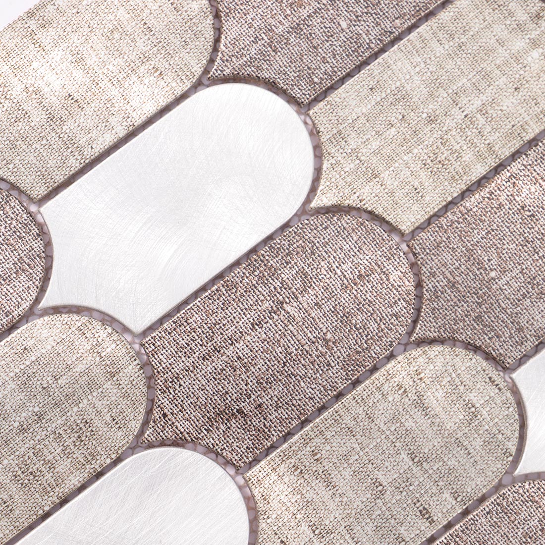 High angle view of fish scale arched aluminum tile surface with linen texture