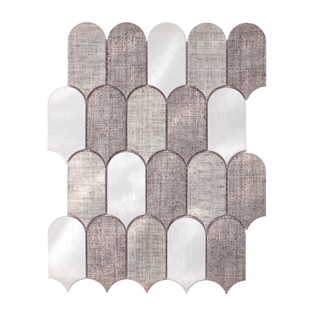 Silver and brown fish scale arched aluminum mosaic tile sheet front view