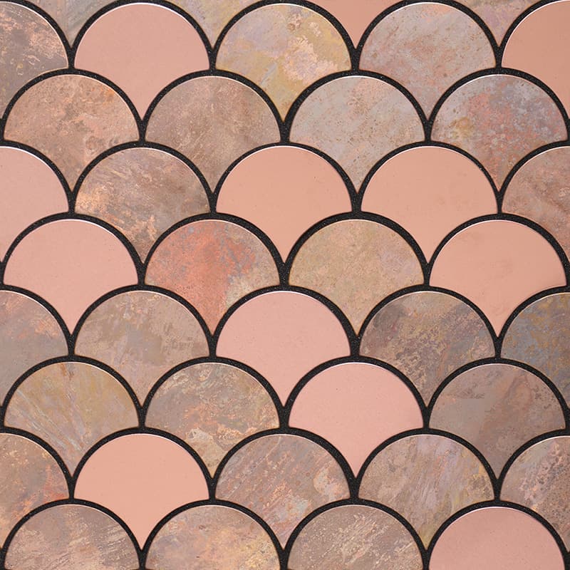 Fish Scale Tiles in copper and blush tones, mermaid mosaic close-up