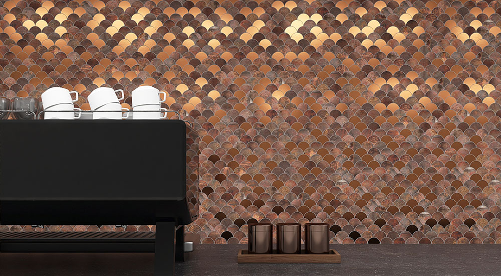 {"default":"Fish Scale Tiles copper mermaid mosaic wall installation in a modern café setting"}
