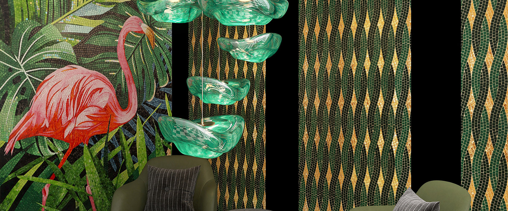 {"default":"Tropical flamingo mosaic wall with green and gold patterns in a modern lounge area"}
