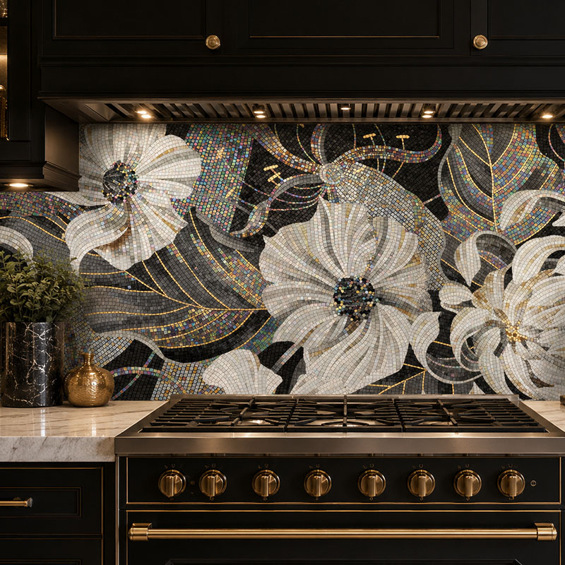 Floral glass mosaic kitchen backsplash tile with white flowers