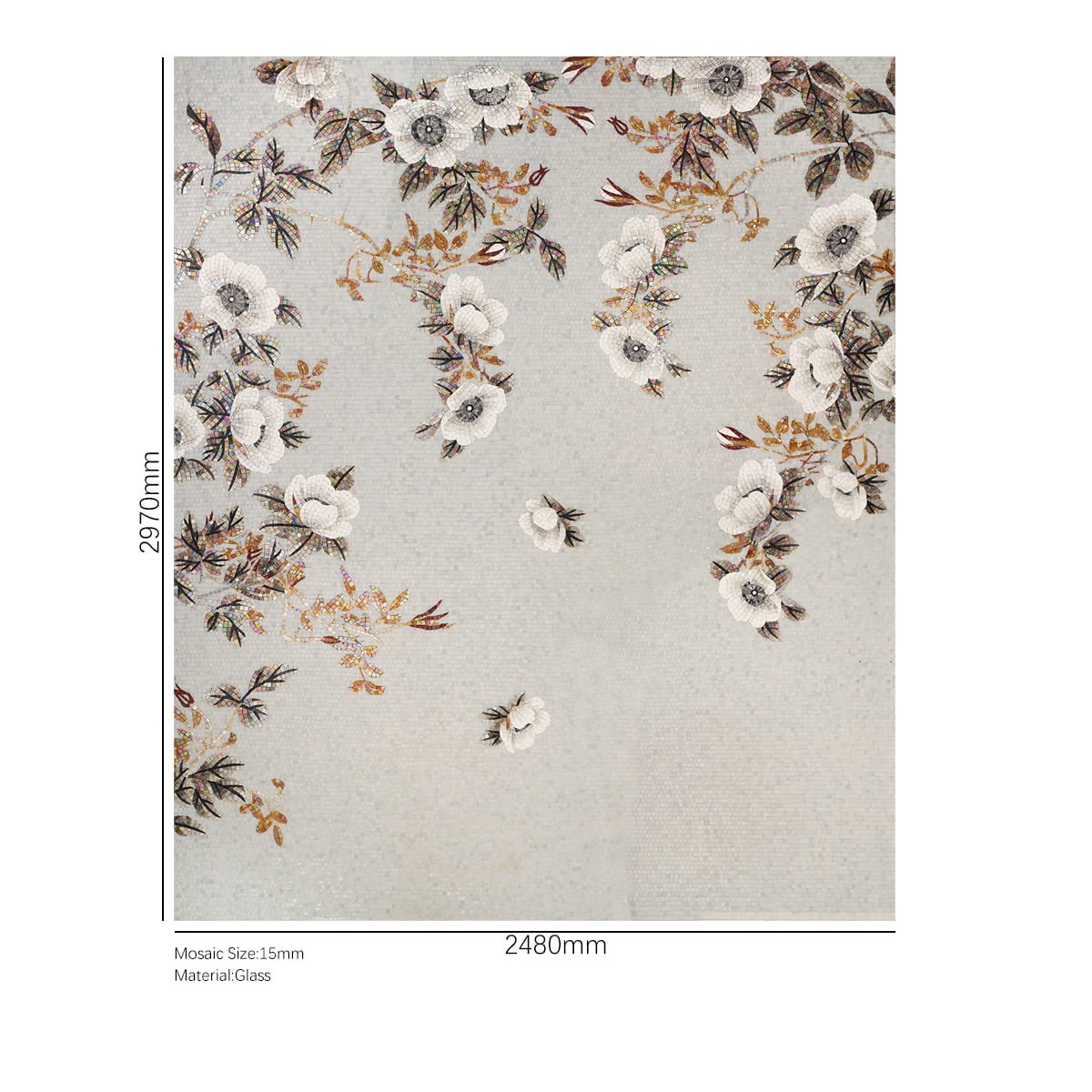 Full floral glass mosaic wall panel showing size dimensions and material details.