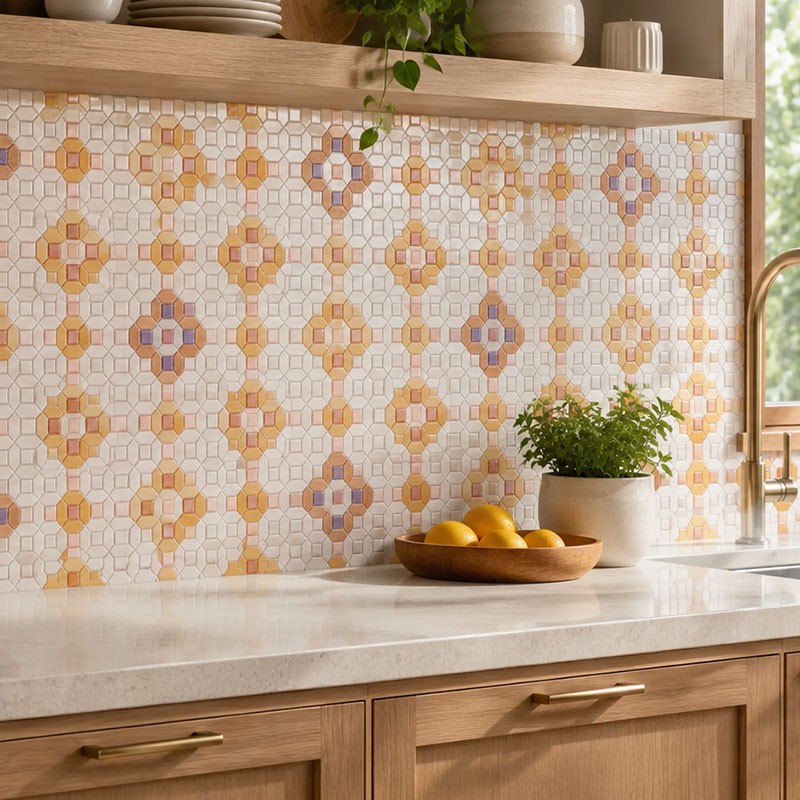 Floral hexagon kitchen tile backsplash with yellow accents beside brass faucet