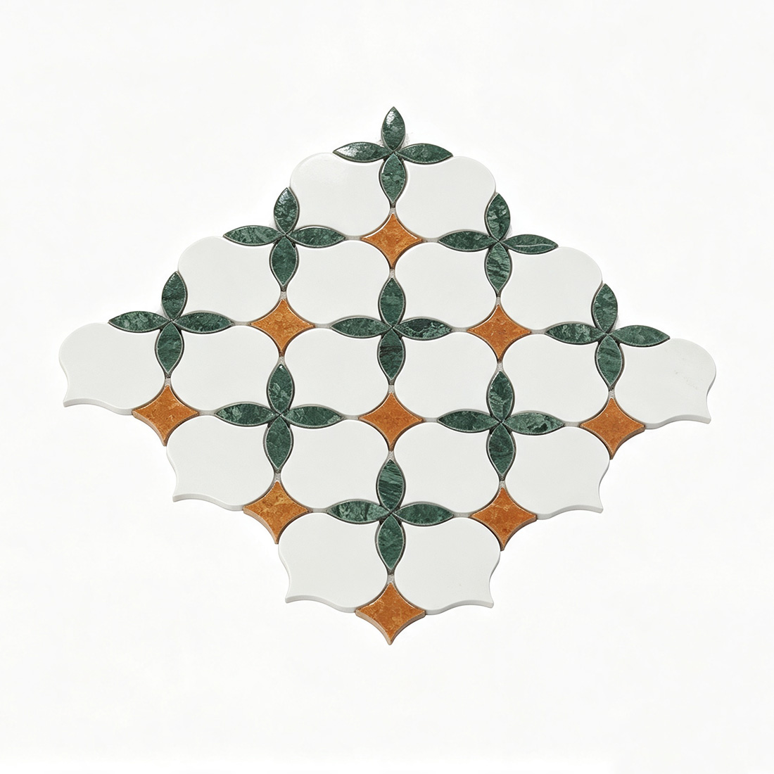 Ivory floral and green leaf marble mosaic tile displayed on a white background