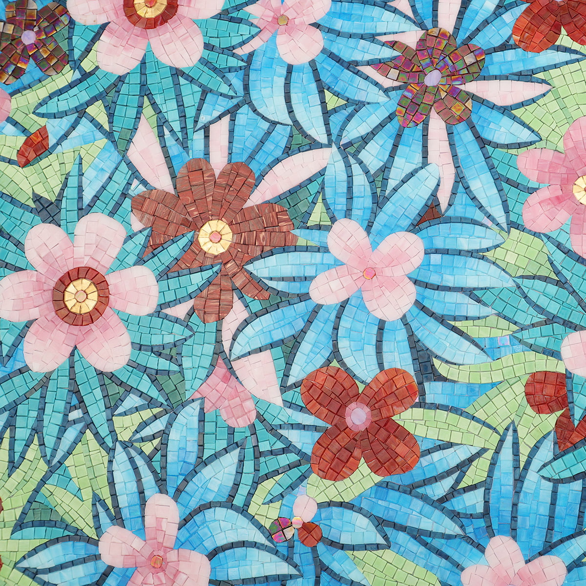 Floral mosaic tile pattern with blue leaves and pink and red flowers