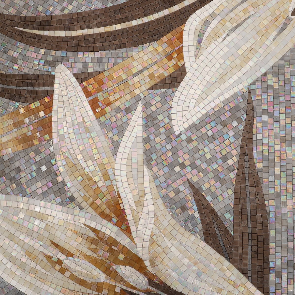 Golden Lily Mosaic Mural – Handmade Floral Wall Art with Iridescent Water Glass Tiles-Woos Tiles