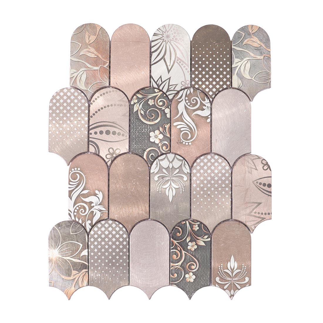 Floral pattern arched fish scale aluminum metal mosaic sheet front view