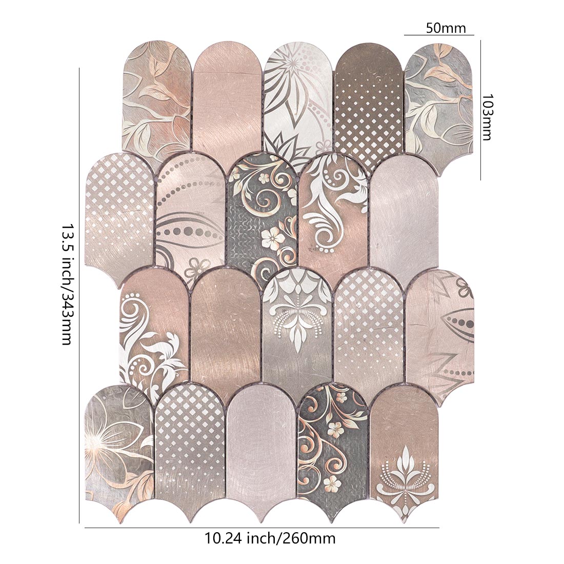 Floral pattern arched fish scale aluminum mosaic tile sheet dimensions