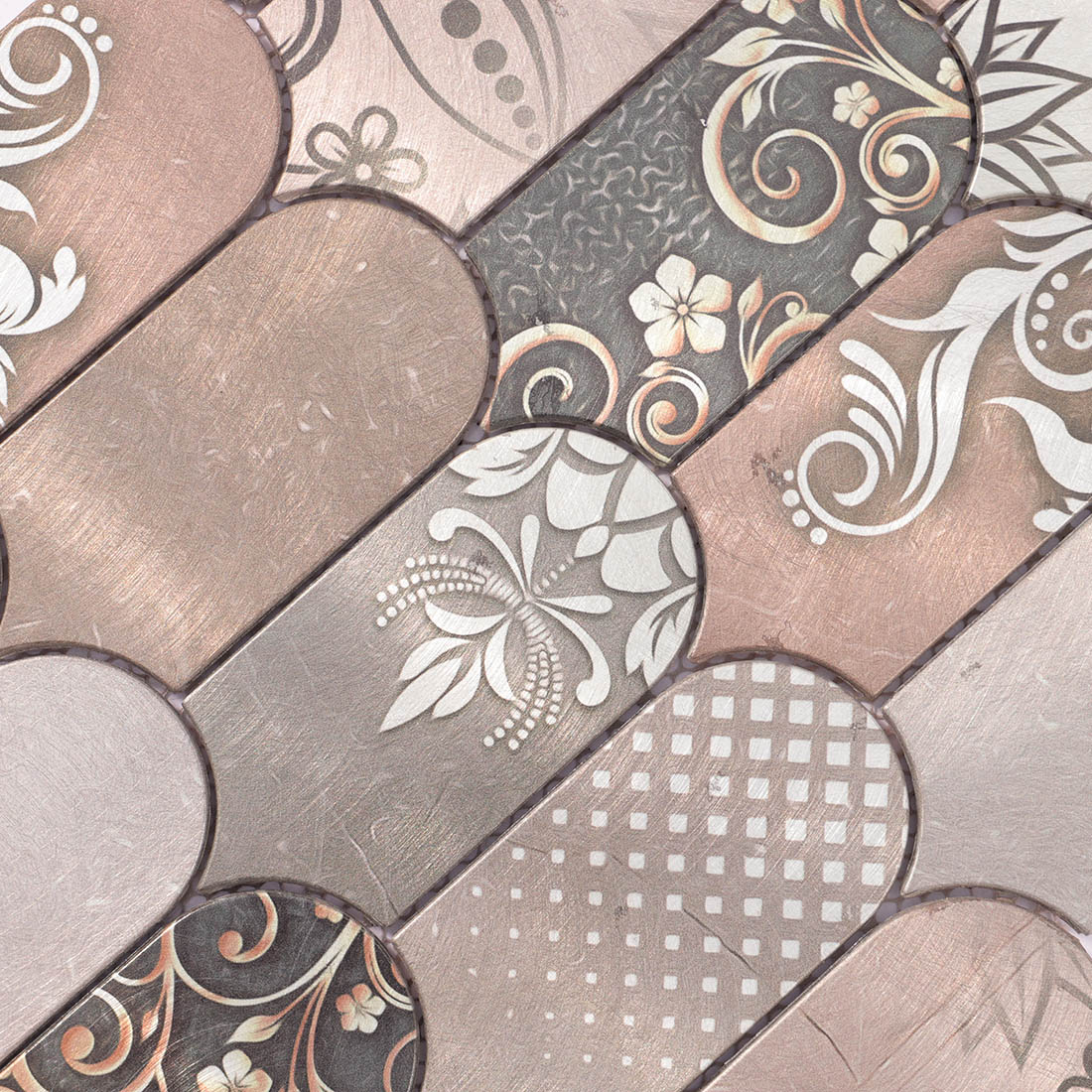 High angle view of floral pattern arched aluminum mosaic tile surface texture