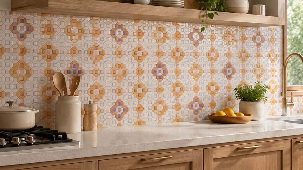 Flower Tiles for Kitchen backsplash with floral mosaic and warm wood cabinets