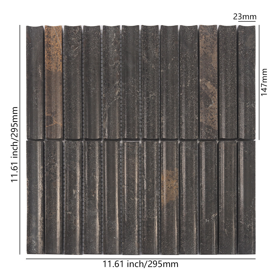 An 11.61 inch fluted black brown stone linear mosaic tile sheet.