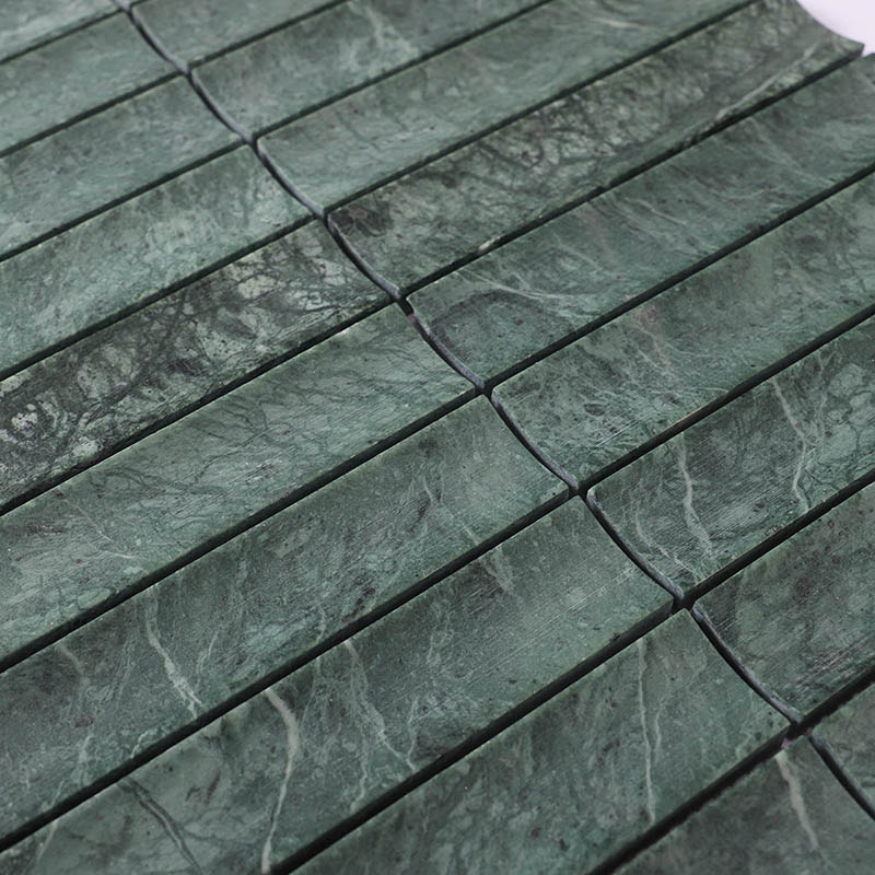 Close-up of Indian Green Fluted Marble Tiles showing 3D concave grooves and natural veining.