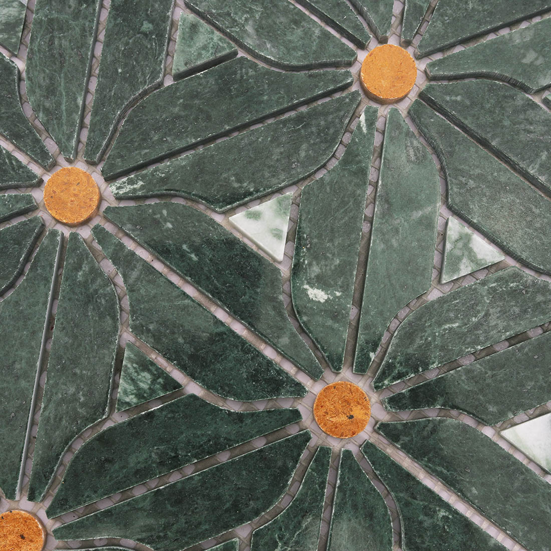 Forest green floral marble mosaic pattern with leaf-shaped petals and round centers