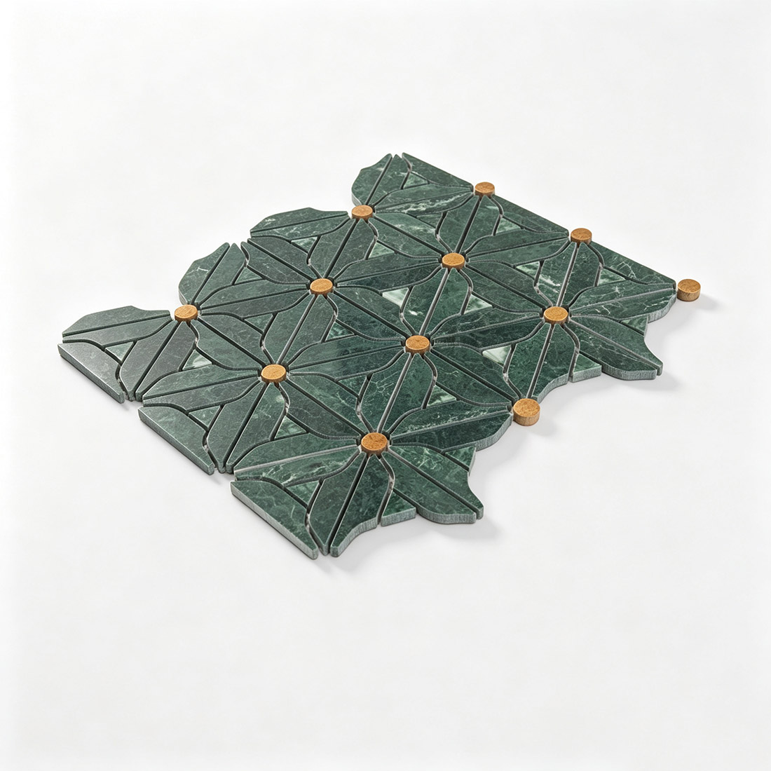 Angled view of forest green floral marble mosaic tile with golden brown accents