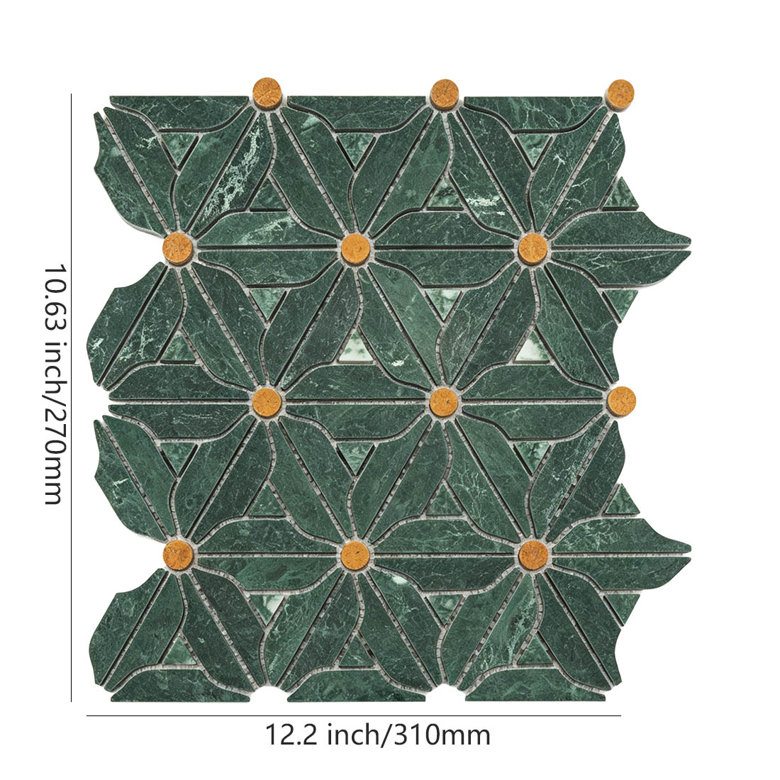 Forest green floral marble mosaic tile with golden brown centers and dimensions