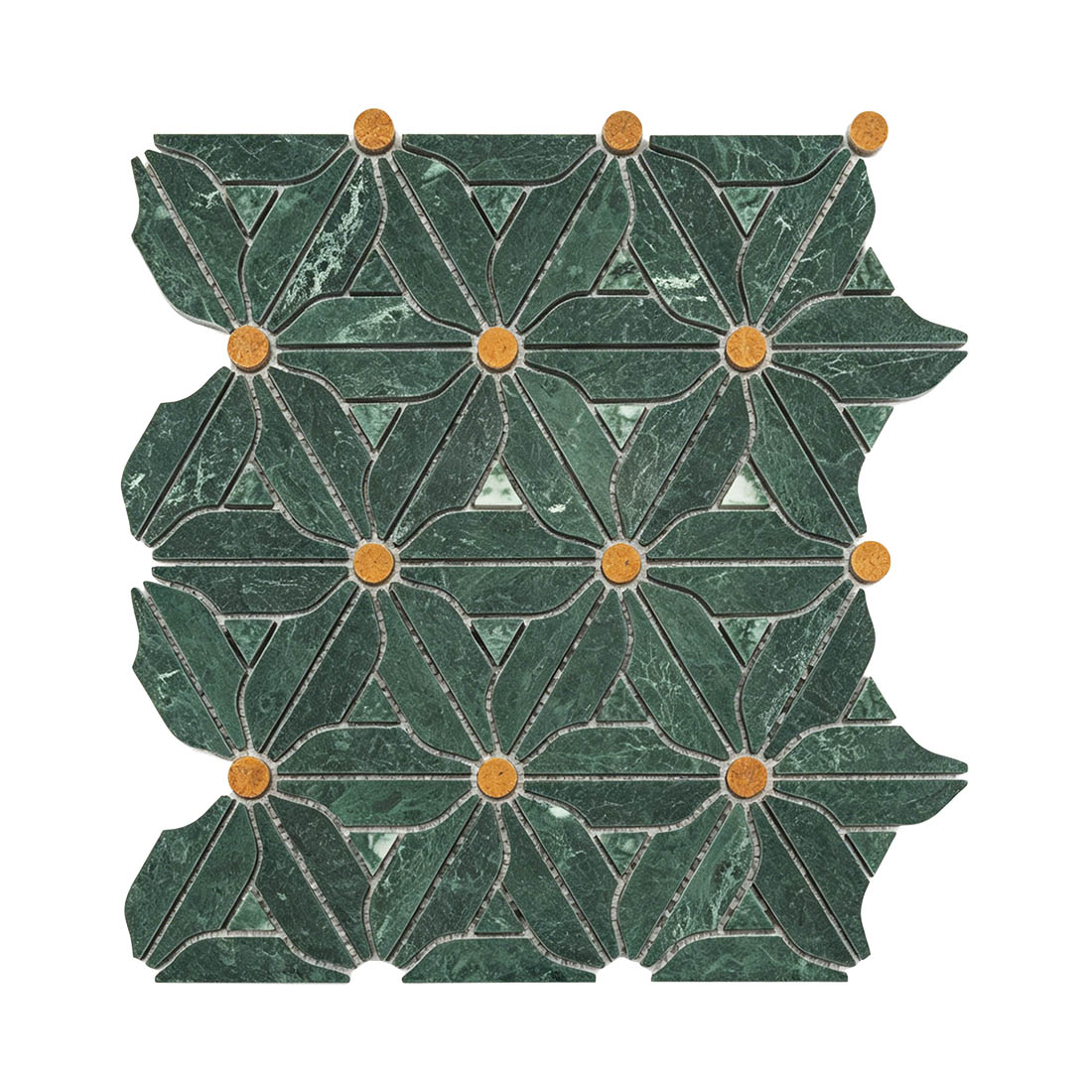 Forest green floral marble mosaic tile sheet with golden brown round accents
