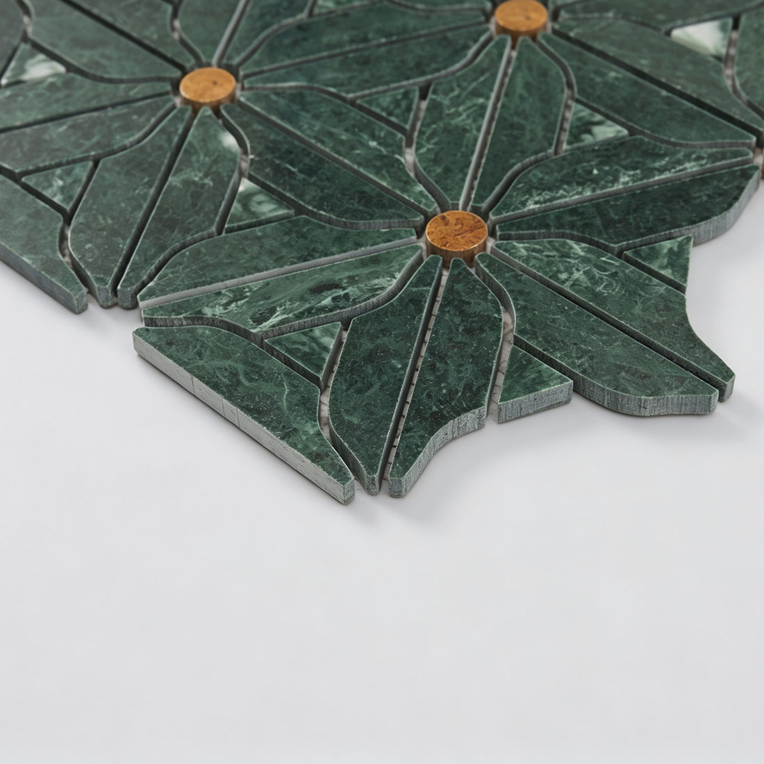 Textured forest green floral marble mosaic with raised natural stone pieces