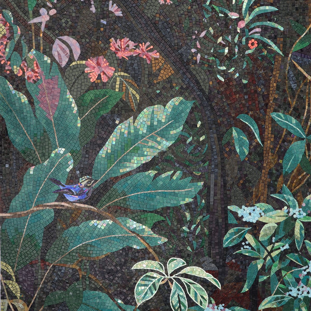 Handcrafted Jungle Mosaic Mural Collection – Tropical Leaves, Flowers & Bird Glass Wall Art-Woos Tiles