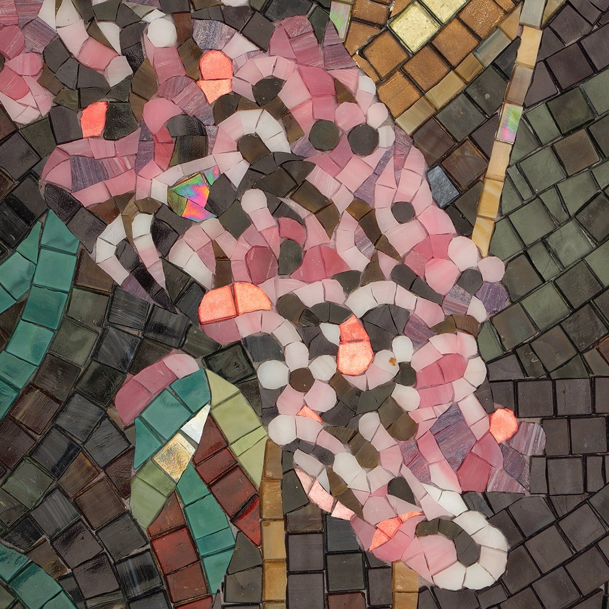 Detailed mosaic pattern featuring layered pink flowers and leaves made from colorful glass pieces.