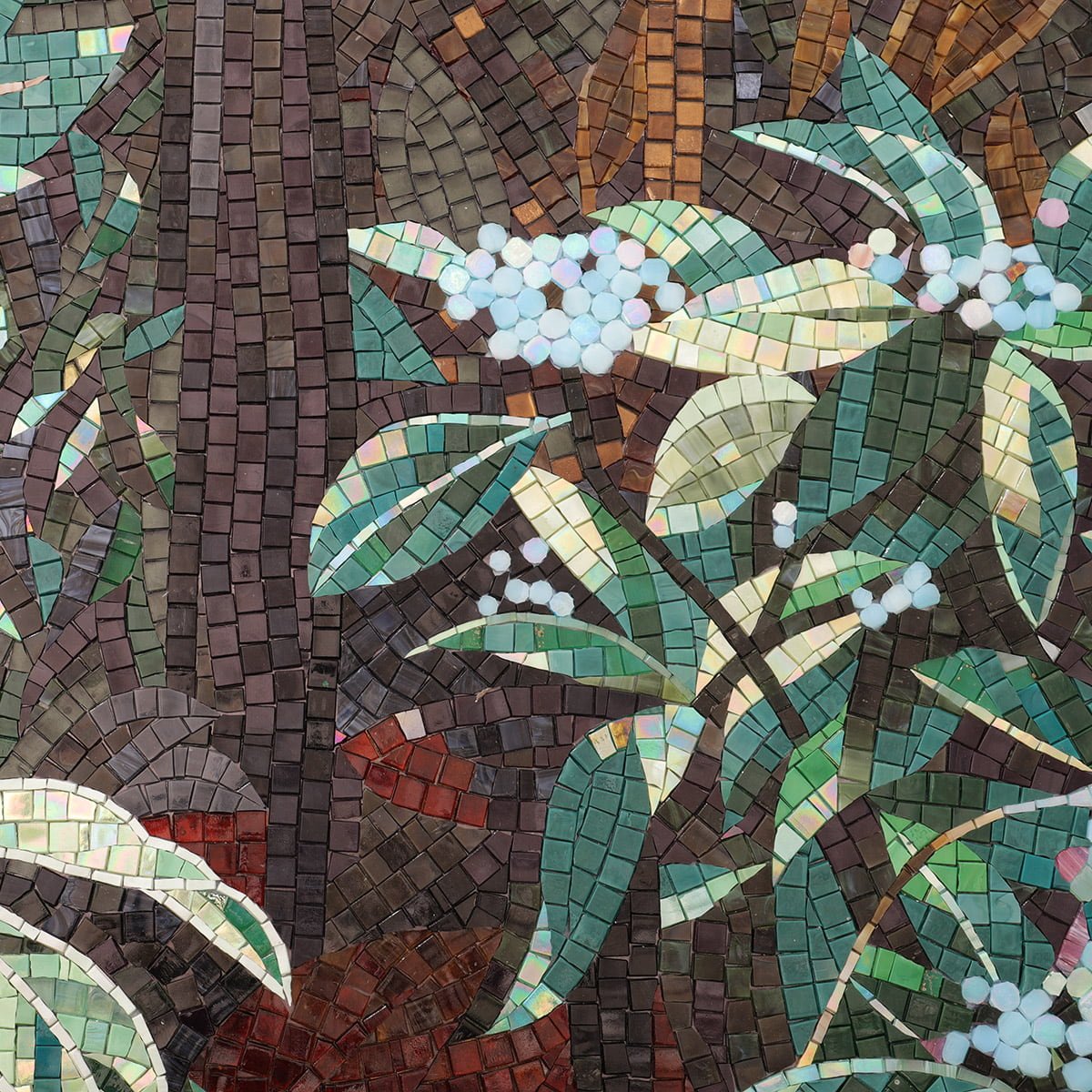 Detailed mosaic mural showing layered green leaves, white berries, and textured earthy tones.