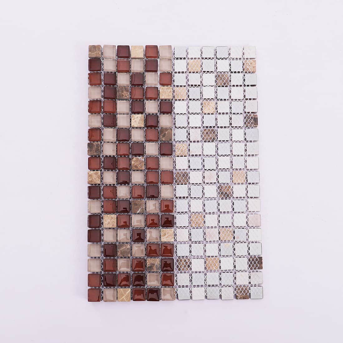 Front face and mesh backing of a brown mosaic tile sheet.