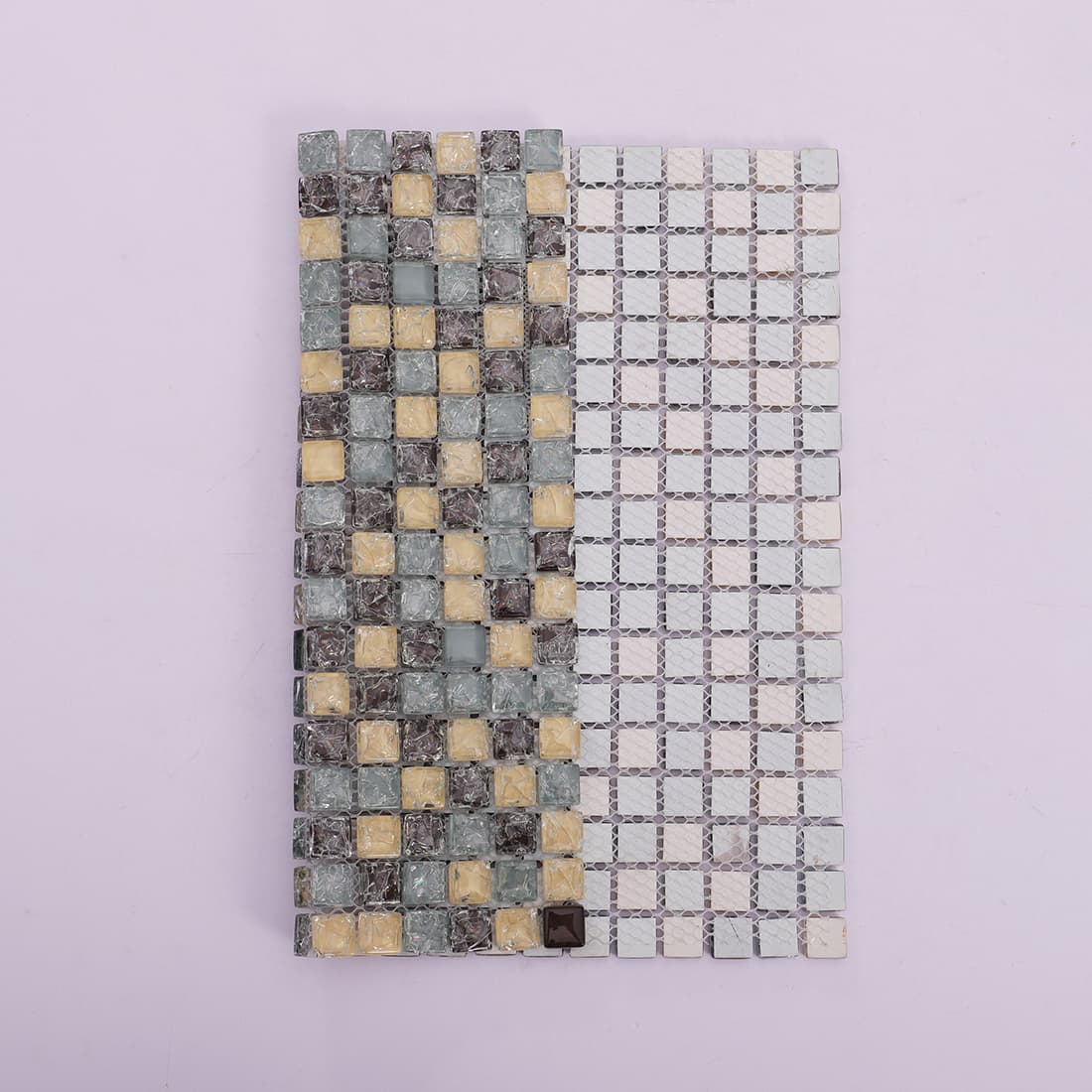 Comparison of a front mosaic tile sheet and its mesh-backed reverse side.