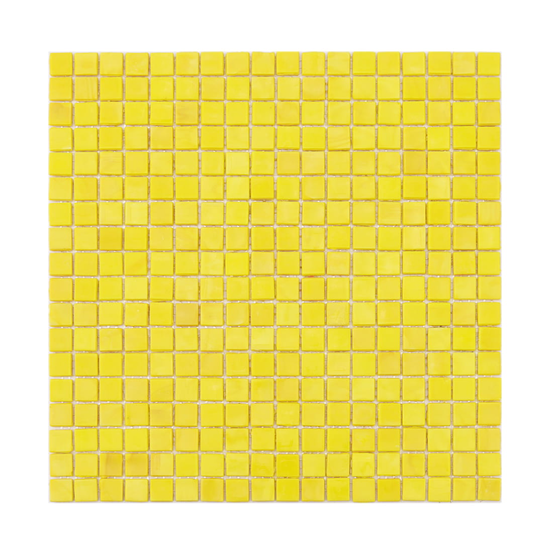Direct top view of a glossy bright yellow glass square mosaic tile sheet.