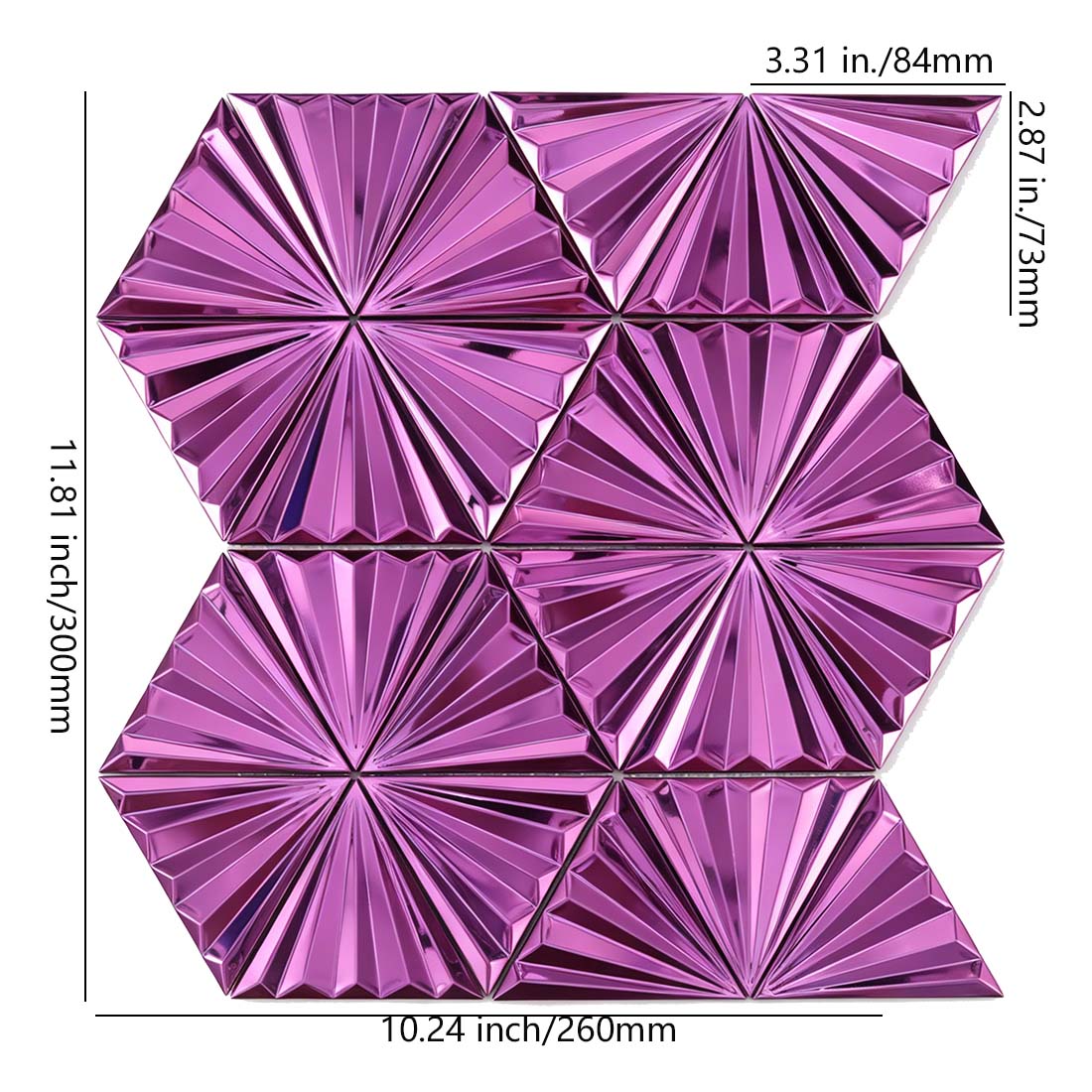 Fuchsia pink fan triangle stainless steel mosaic sheet with size markings