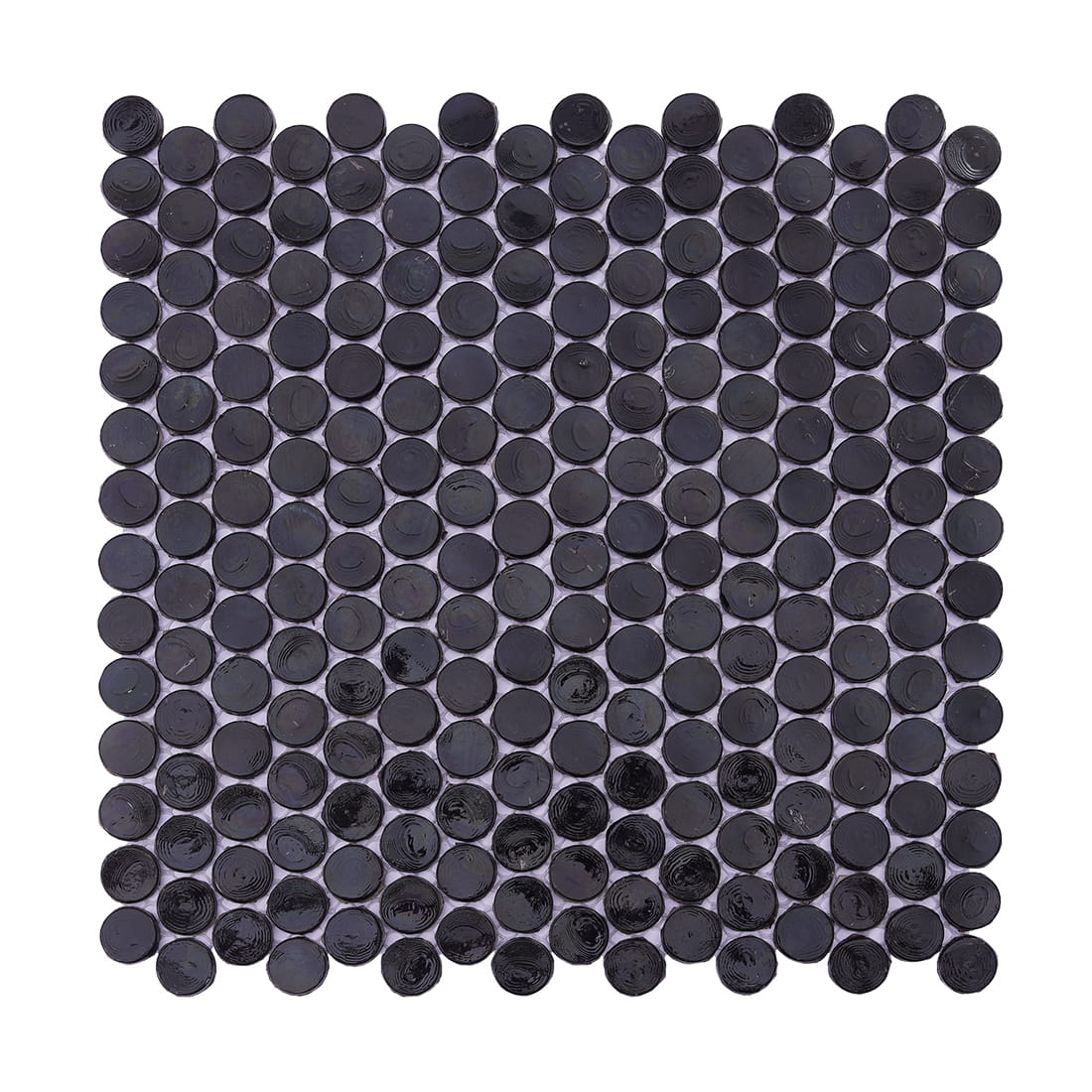 A complete square sheet of glossy black glass penny tiles on a white background.