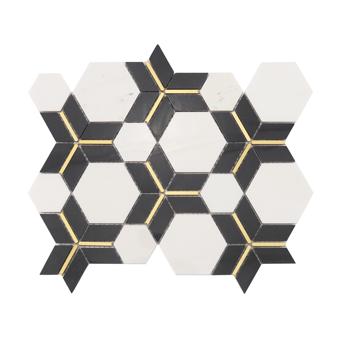 Full sheet of white hexagon mosaic with black geometric frame and gold lines