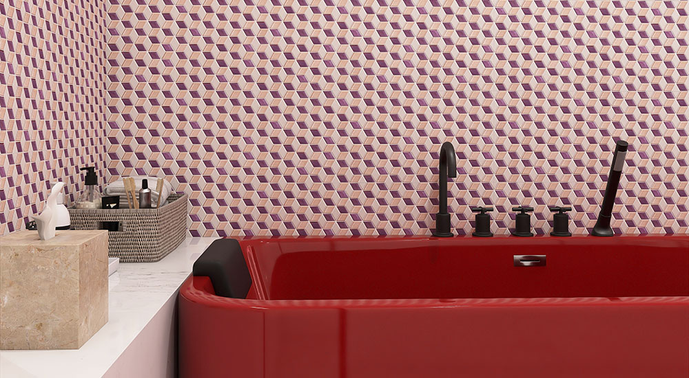 {"default":"Panoramic view of bathroom wall tiles featuring purple geometric cube mosaic design."}
