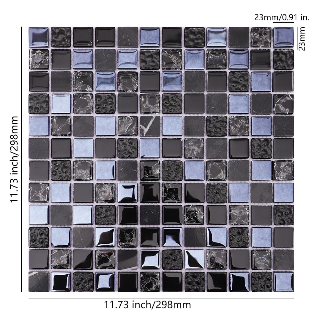 Full sheet of glossy black glass and stone mosaic tile with dimensions labeled.