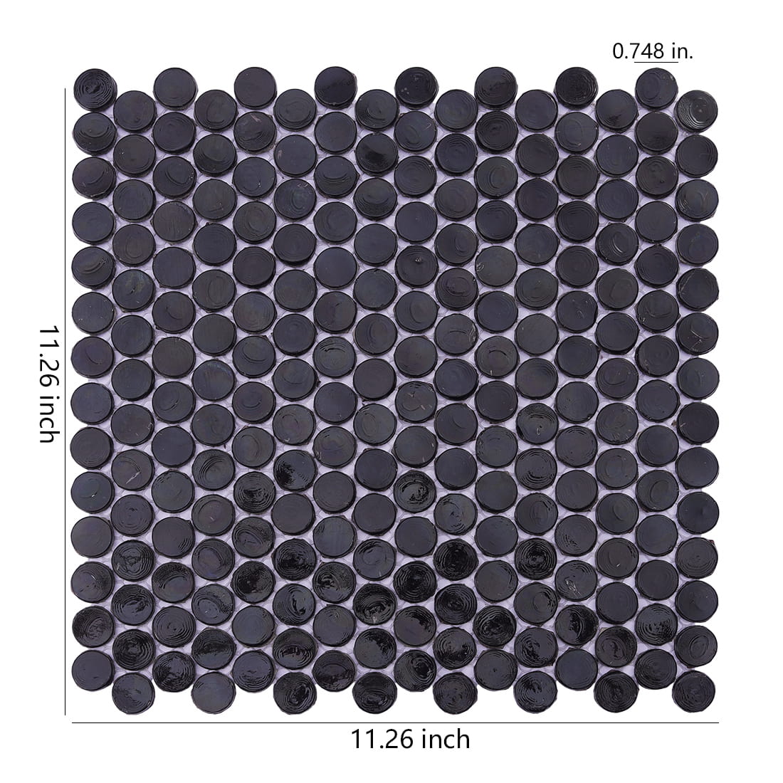 Front view of a black penny tile sheet with 11.26 inch length and 0.748 inch tile diameter.