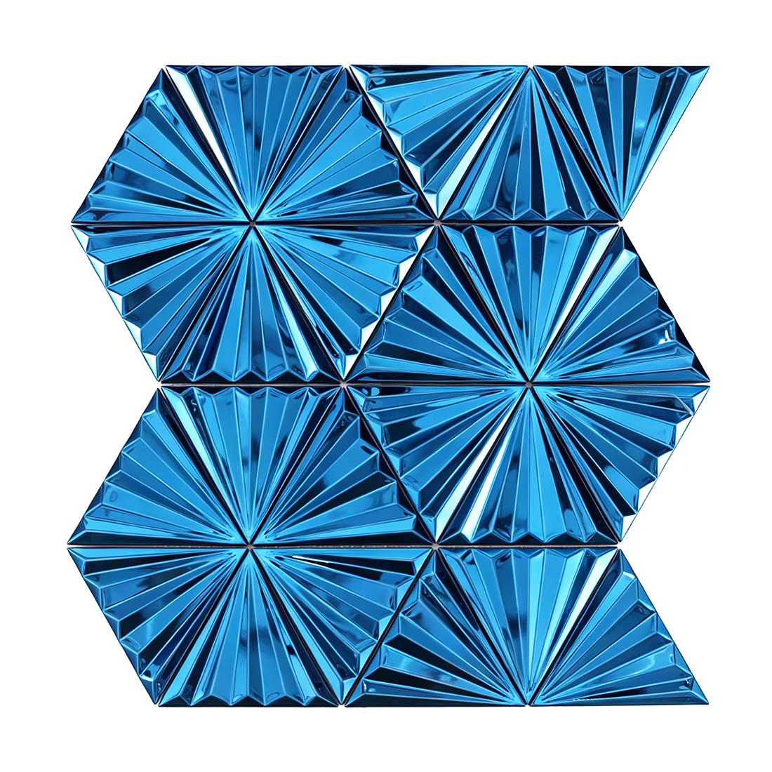 Glossy blue fan triangle stainless steel mosaic sheet on white background