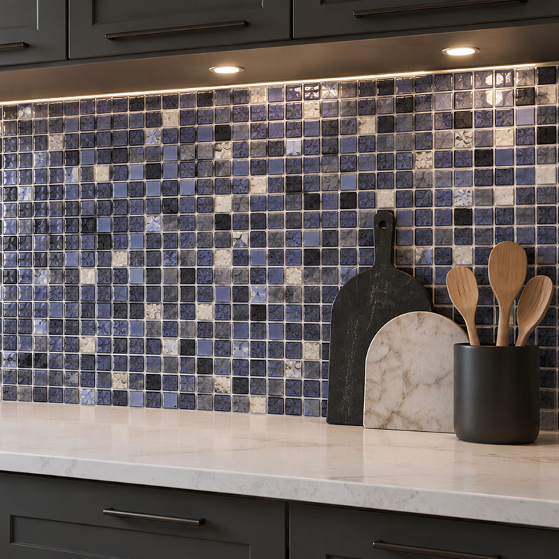 Glossy blue mosaic tile backsplash with kitchen counter accessories