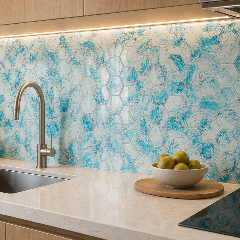 Glossy blue and white hexagon tile backsplash behind a kitchen sink