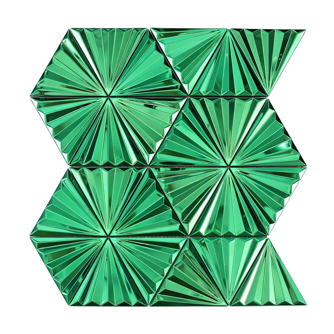 Glossy emerald green fan triangle stainless steel mosaic sheet on white background