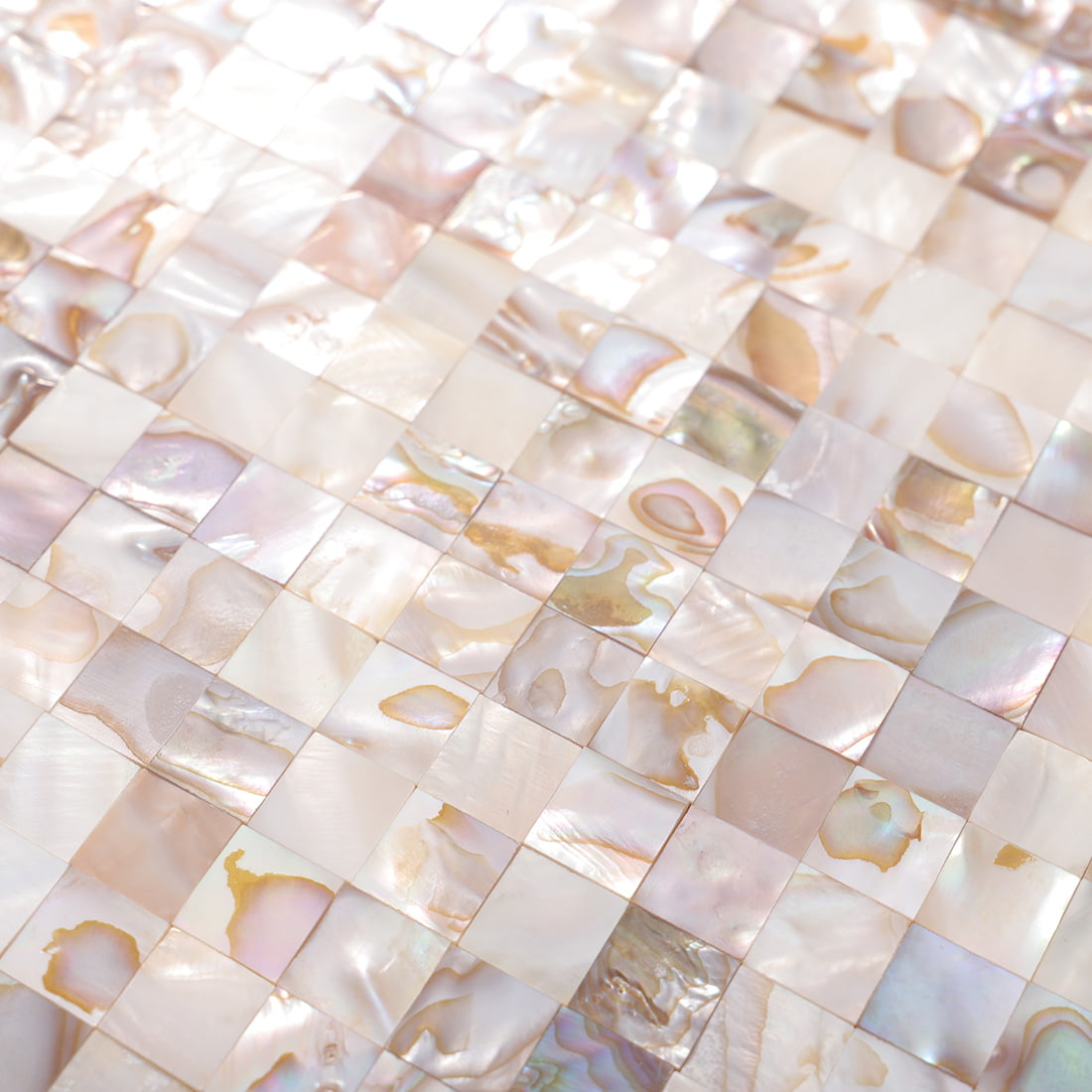 Glossy mother of pearl square mosaic tiles with iridescent beige patterns