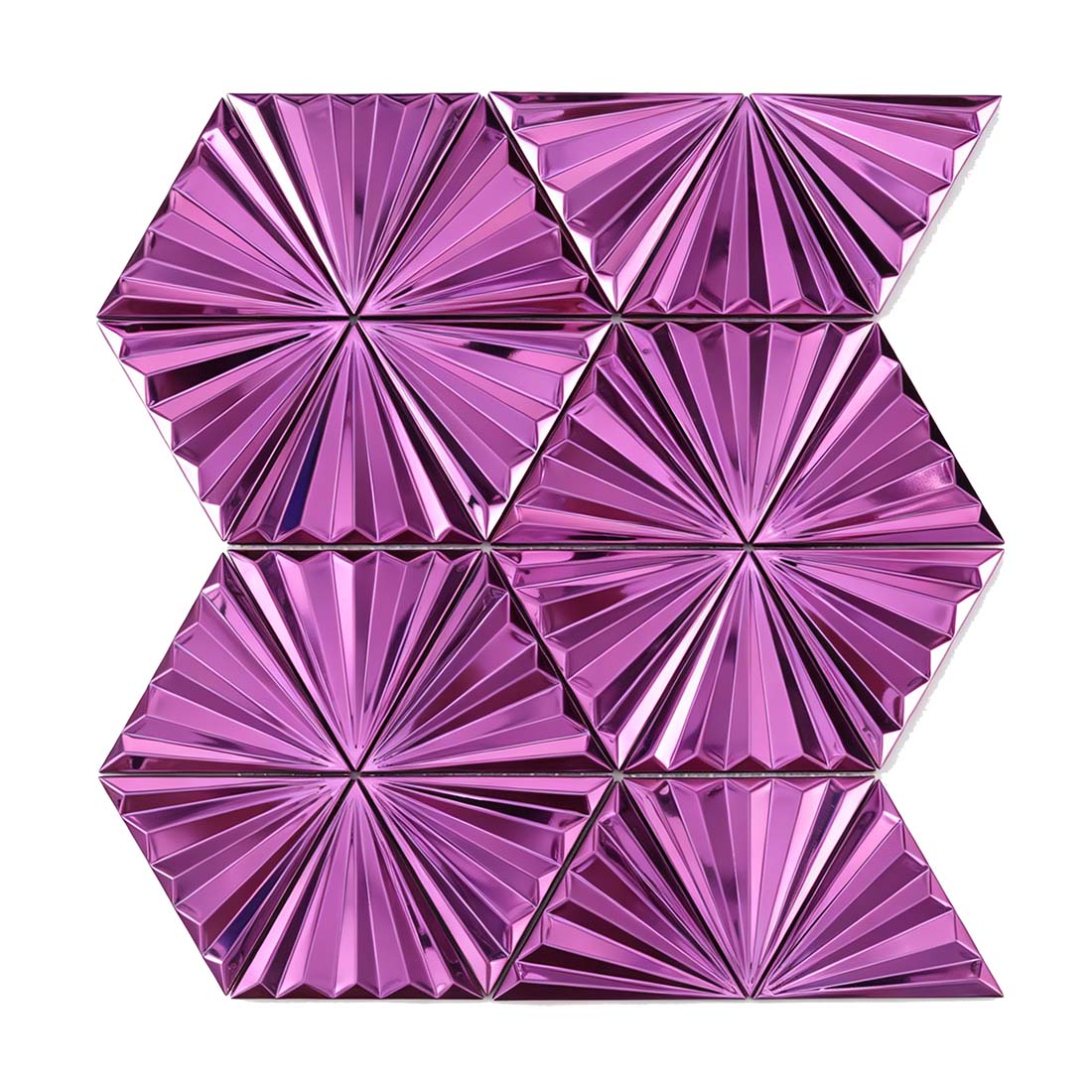 Glossy pink fan triangle stainless steel mosaic sheet on white background