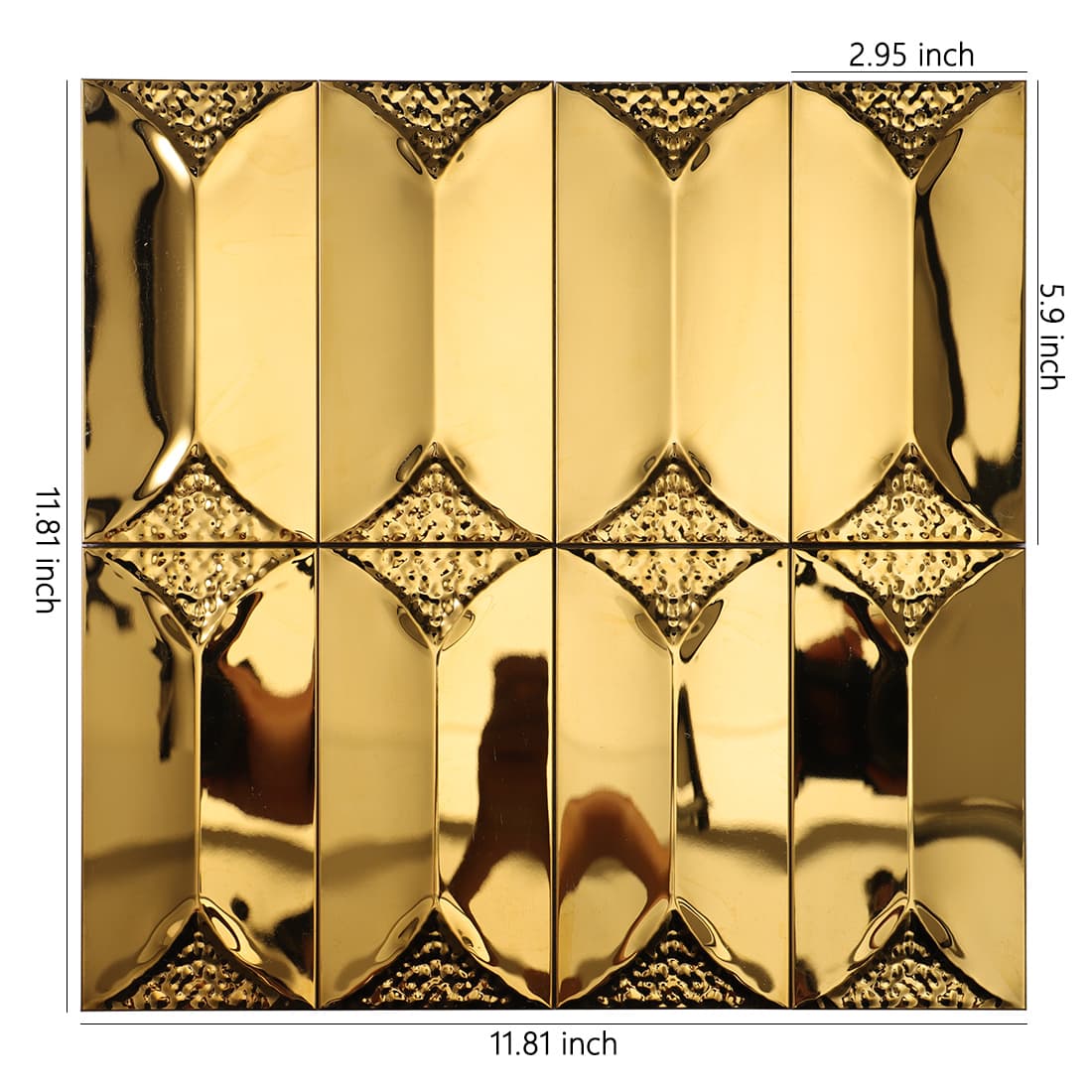 Front view of gold 3D beveled metal mosaic tile with dimensions.