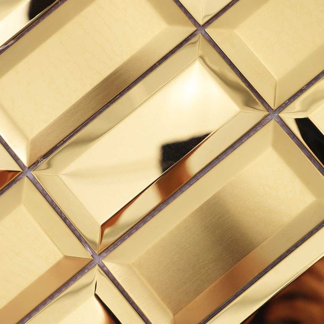 Detailed view of gold 3D rectangle stainless steel mosaic tile surface