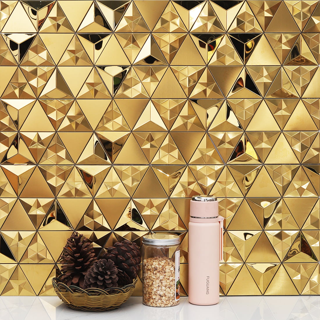 Gold 3D triangle metal mosaic kitchen wall backsplash design