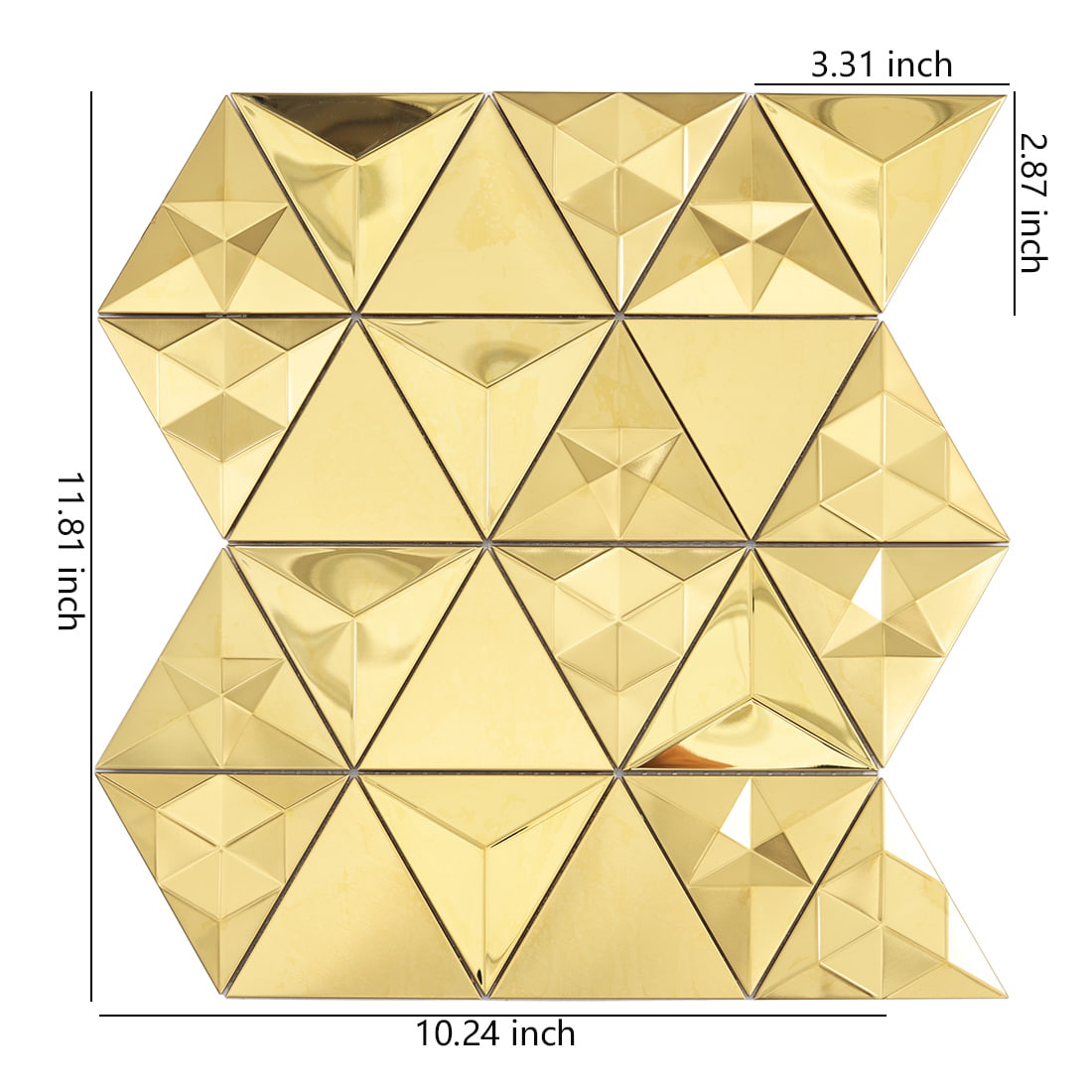 Gold 3D triangle metal mosaic tile sheet with size details