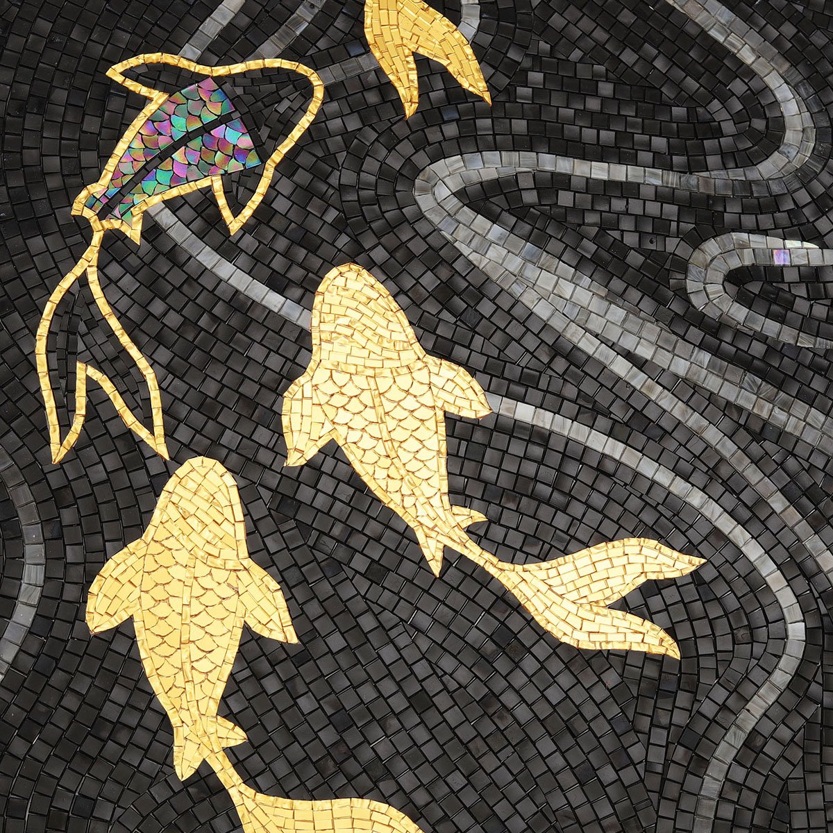 Golden and iridescent koi fish mosaic pattern with flowing black tiles