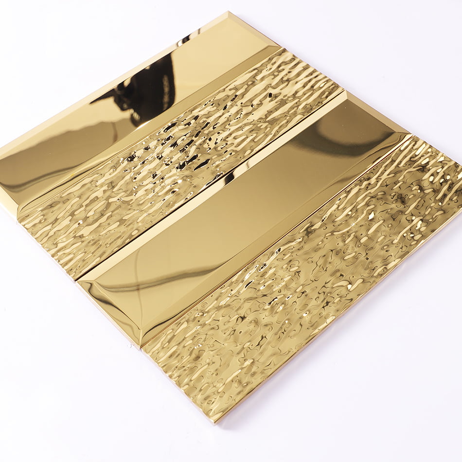Angled view of gold beveled textured metal mosaic sheet
