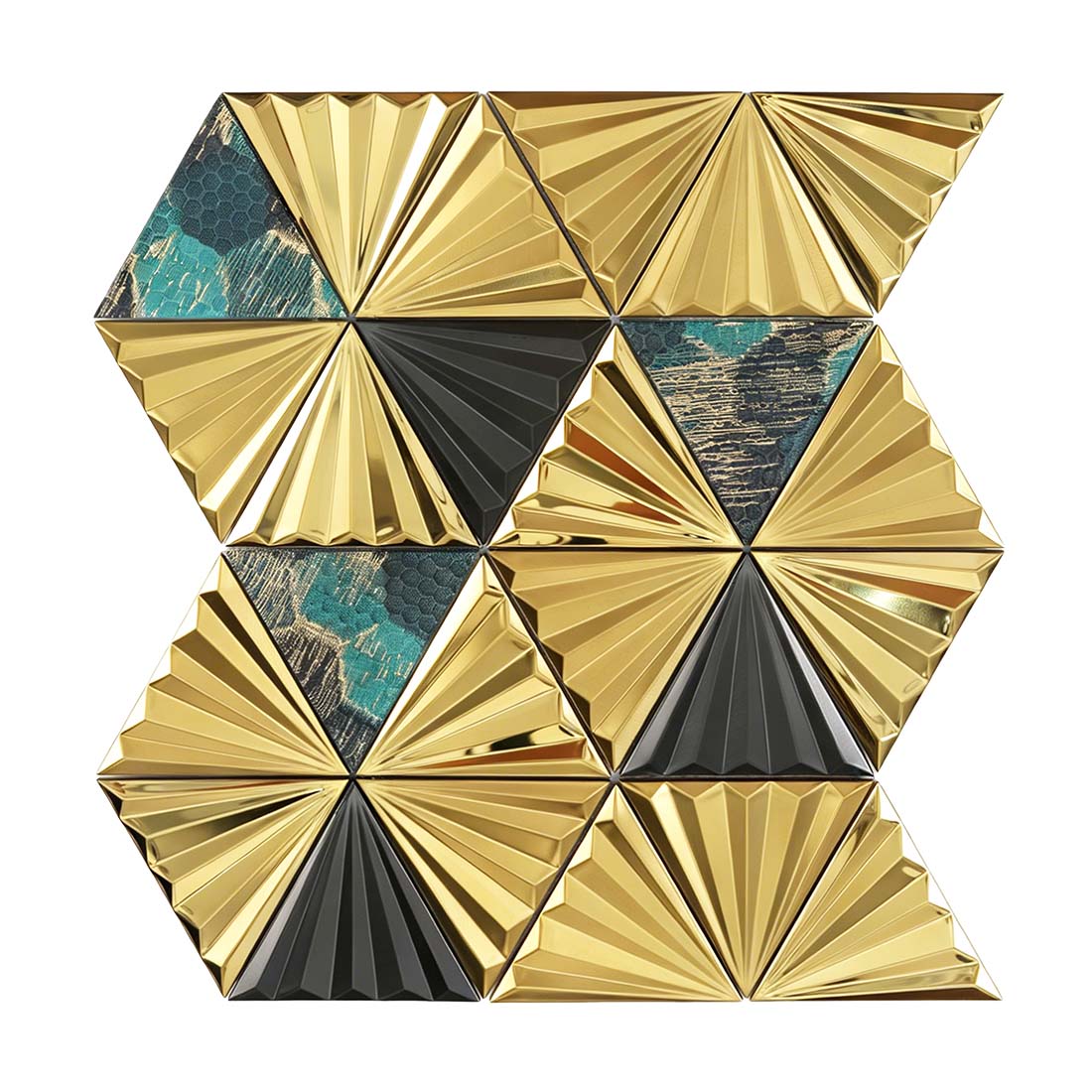 Gold black teal fan triangle stainless steel mosaic sheet on white background