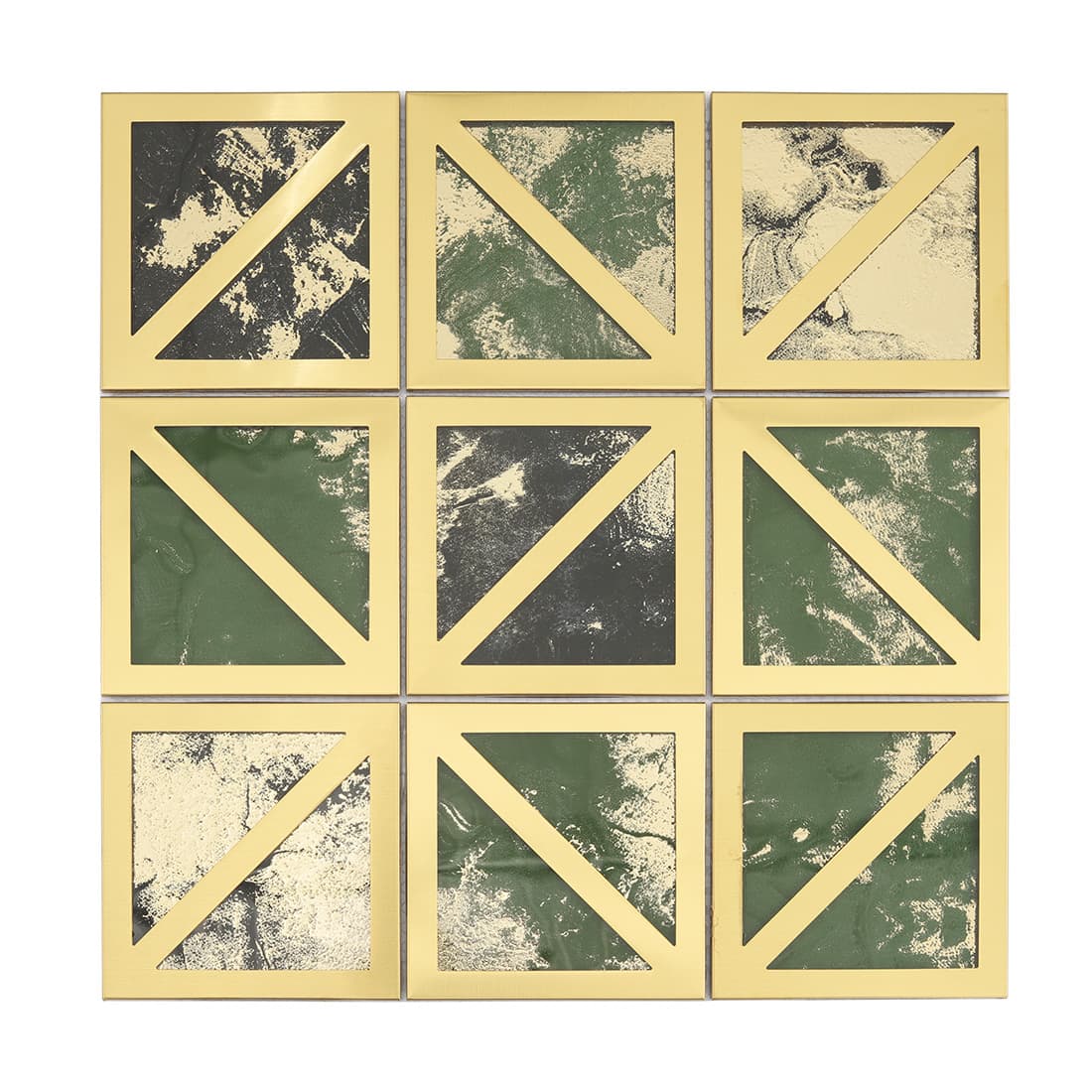 Square gold border mosaic tile sheet with mixed green black and silver glass