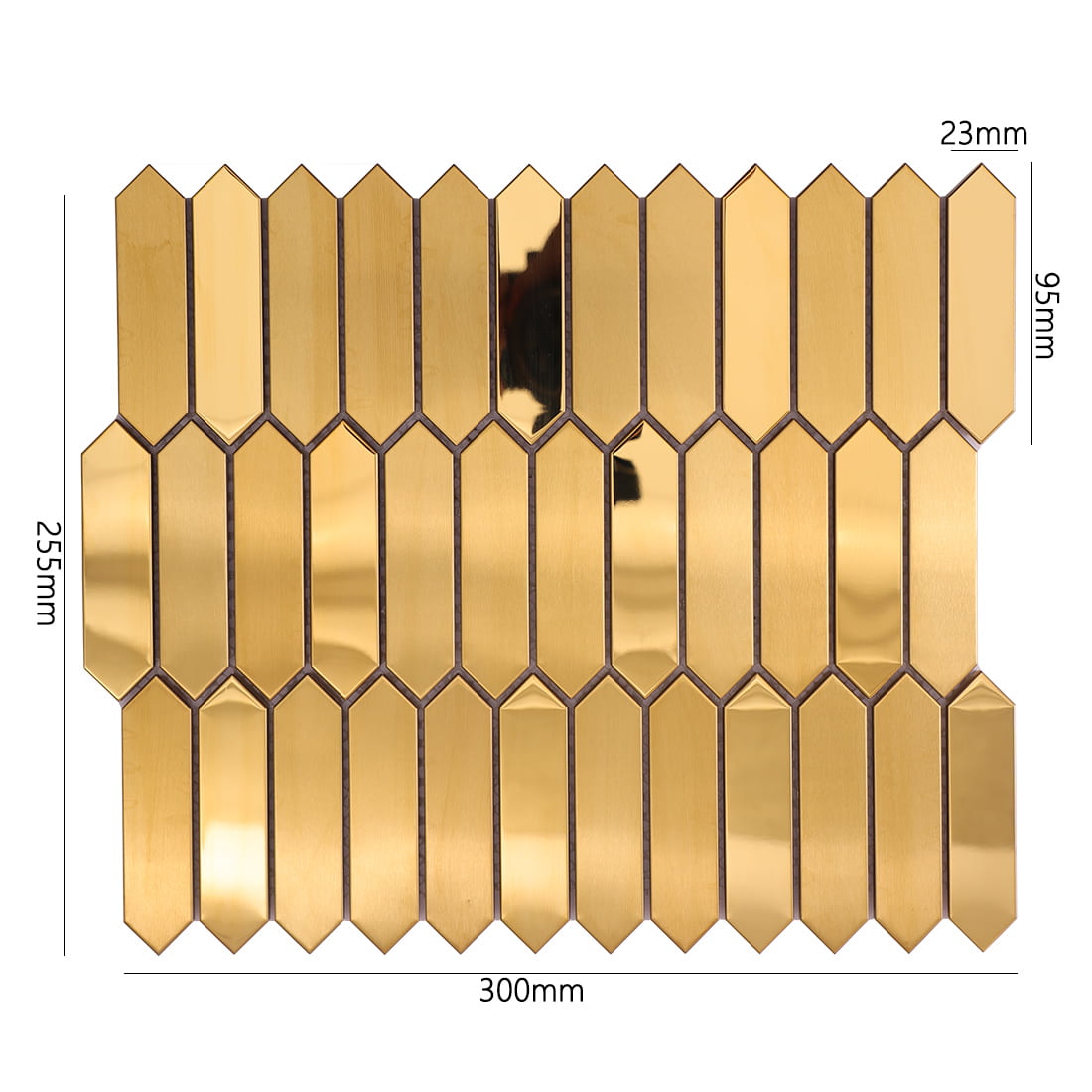 Gold brushed and mirror picket stainless steel mosaic tile sheet with dimensions