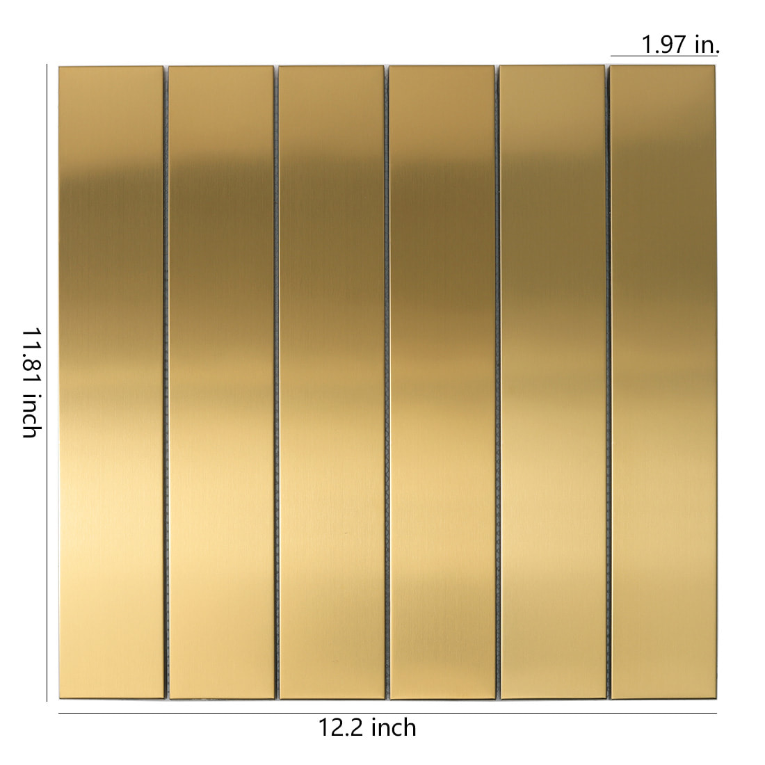 Front view of gold brushed linear stainless steel tile with dimensions.